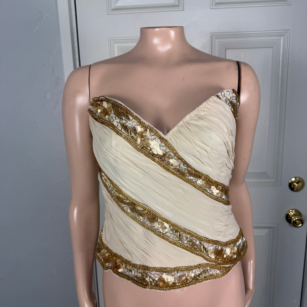 Vintage 80s 90s Oleg Cassini Shirt Gold Beaded Bustier Corset Top Black Tie G4-6